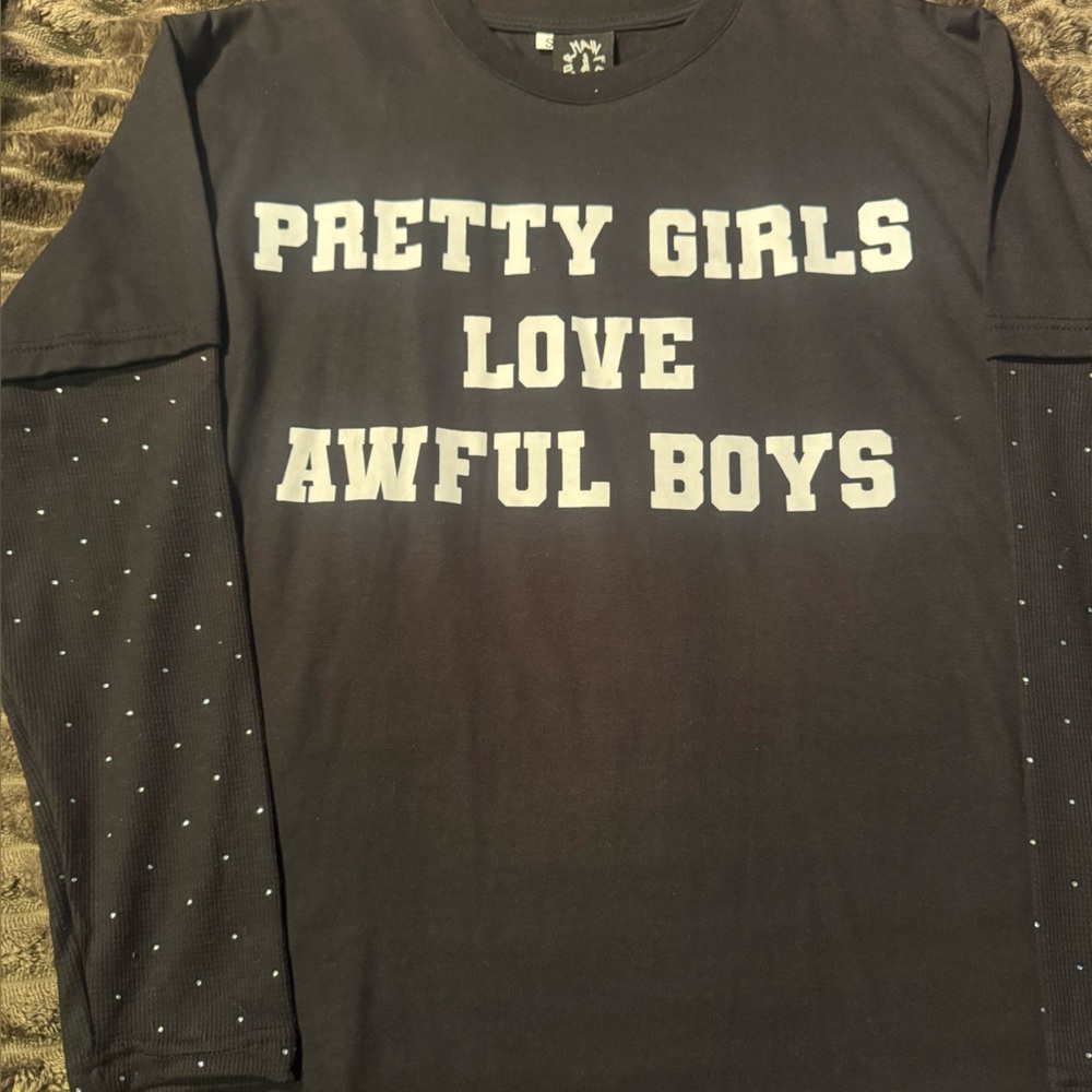 Rhinestone Layered Long-Sleeve Tee with Graphic Text